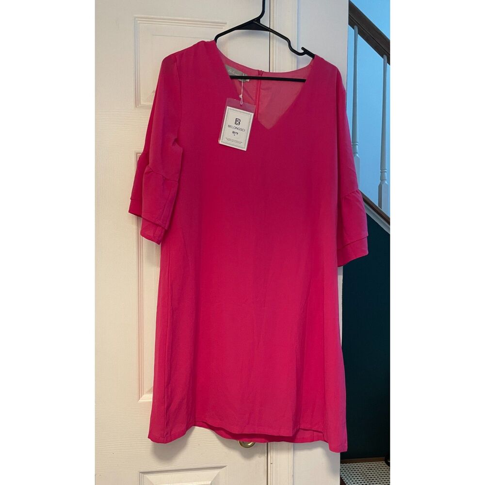 NWT Hot Pink Shift Dress V Neck Bell Sleeve Career Cocktail Size L